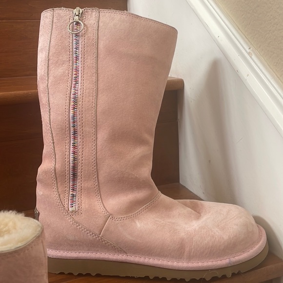Pink leather Ugg boots w rainbow beaded zipper on outside of each rare! - Picture 1 of 10